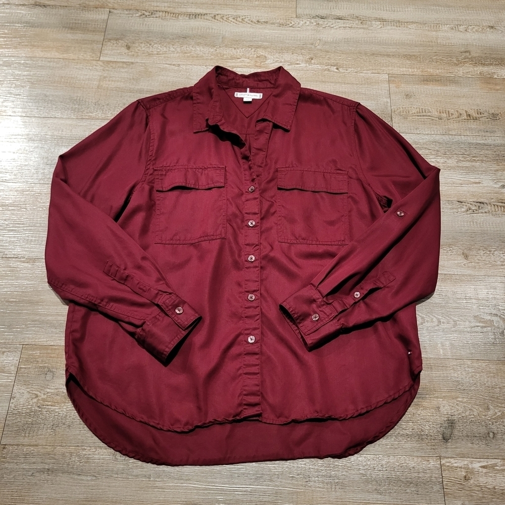 Tommy Hilfiger Button Up Shirt Roll Tab Utility Crimson Red Relaxed Womens Large
